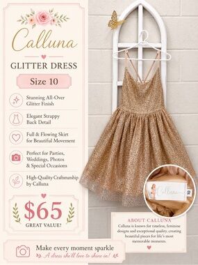 Girls' Gold Glitter Strappy Formal Dress - Size 10